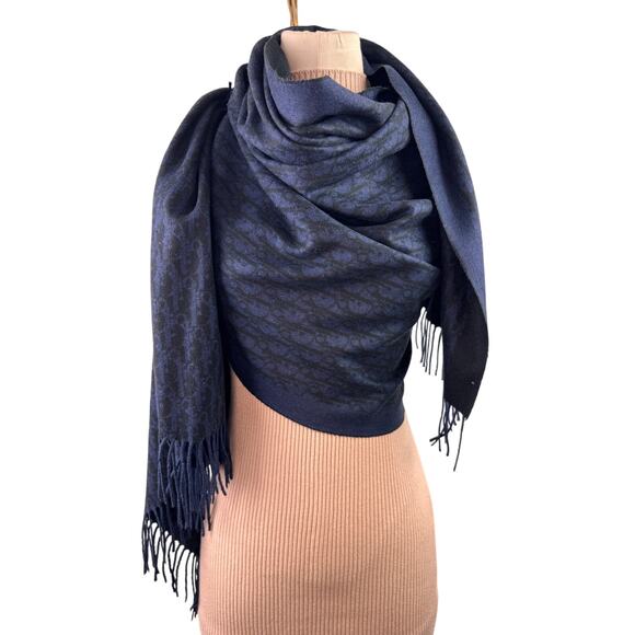 DIOR Oblique Navy Black Double-Sided Scarf Cashmere Fringed Edges Around Neck - Picture 1 of 8